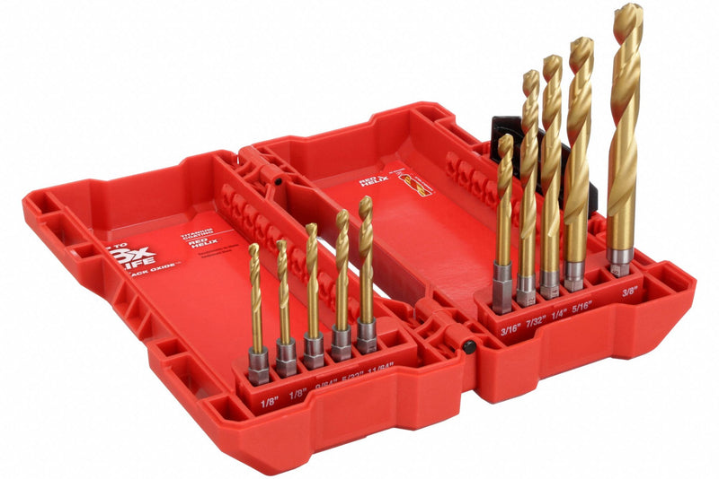 Milwaukee 48-89-4633 Hex Shank Drill Set, 10 Pc, 1/8" to 3/8", 135° Split Point, TiN-Coated HSS