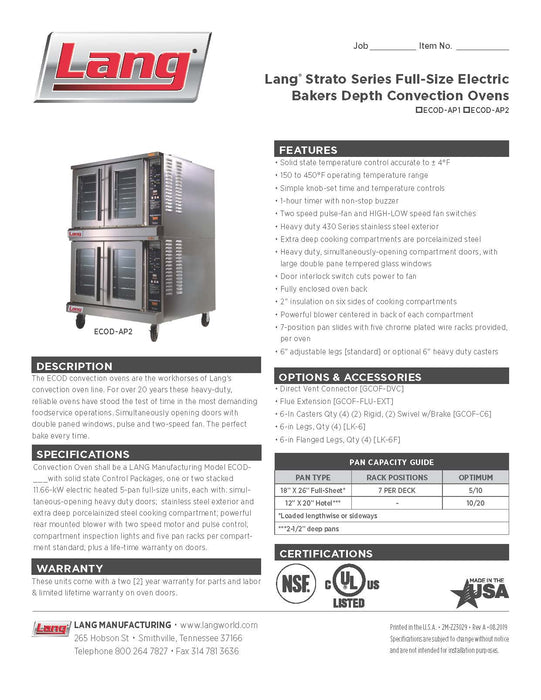Lang ECOD - AP2 Strato Series Double Deck Full Size Bakers Depth Electric Convection Oven - KVM Tools Inc.KVECOD - AP2