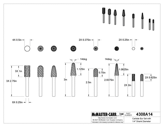 McMaster 4308A14 Carbide Bur Set with 1/4" Shank Diameter 8 Pieces, 1-3/4" to 3" Overall Length, Double Cut