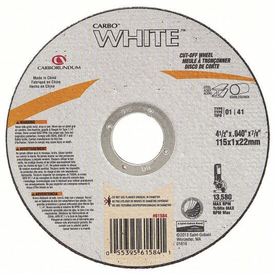 Carborundum 05539561584 Abrasive Cut - Off Wheel Type 1, 4 1/2" x 0.04" x 7/8", Aluminum Oxide, 60 Grit PK5 - KVM Tools Inc.KV435Y59