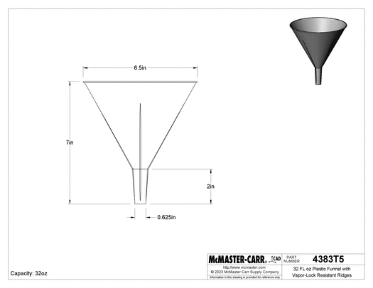 McMaster 4383T5 32 FL oz Plastic Funnel with Vapor-Lock Resistant Ridges