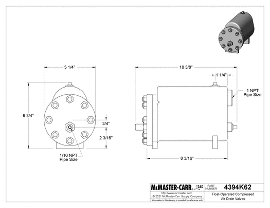 McMaster 4394K62 Float-Operated Compressed Air Drain Valves High-Discharge, 1 NPT x 1/16 NPT Female