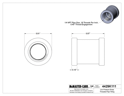 McMaster 4429K111 Low-Pressure Brass Threaded Pipe Fitting Straight Connector, 1/4 NPT Female