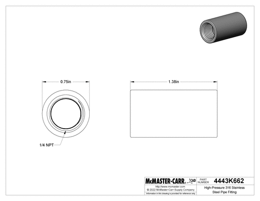 McMaster 4443K662 High-Pressure 316 Stainless Steel Pipe Fitting Straight Connector, 1/4 NPT Female