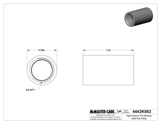 McMaster 4443K663 High-Pressure 316 Stainless Steel Pipe Fitting Straight Connector, 3/8 NPT Female