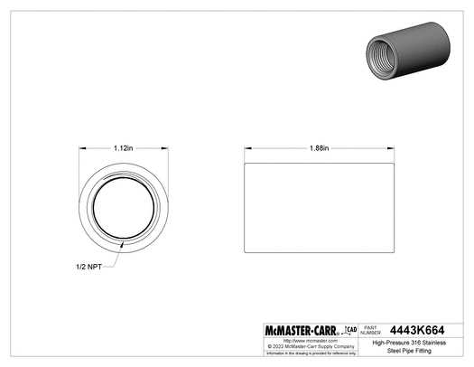 McMaster 4443K664 High-Pressure 316 Stainless Steel Pipe Fitting Straight Connector, 1/2 NPT Female