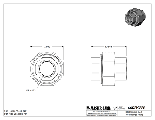 McMaster 4452K225 316 Stainless Steel Threaded Pipe Fitting Low-Pressure, Union Straight Connector, 1/2 NPT Female