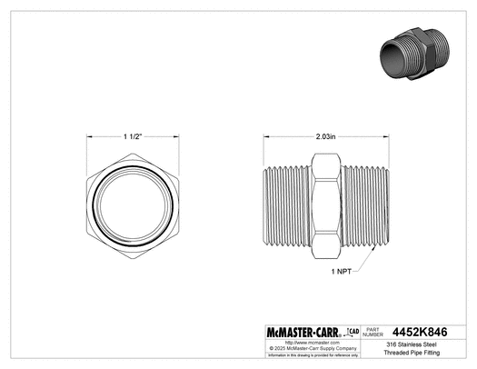 McMaster 4452K846 316 Stainless Steel Threaded Pipe Fitting Low-Pressure, Straight Connector, 1 NPT Male