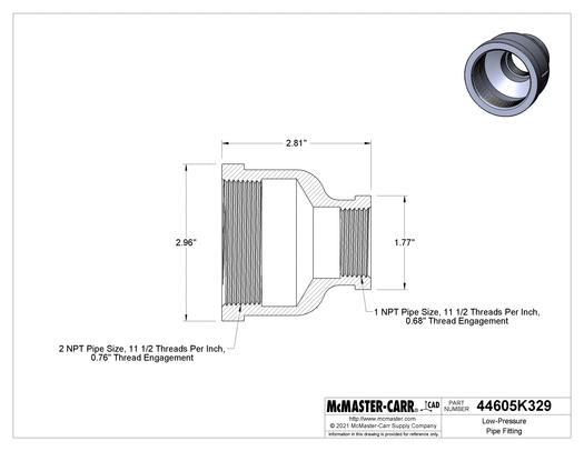 McMaster 44605K329 Low-Pressure Pipe Fitting Iron, Straight Reducer, 2 x 1 NPT Female