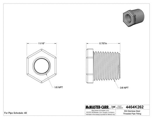 McMaster 4464K262 Hex Bushing 304 Stainless Steel, 3/8 in x 1/8 in Fitting Pipe Size, Male NPT x Female NPT