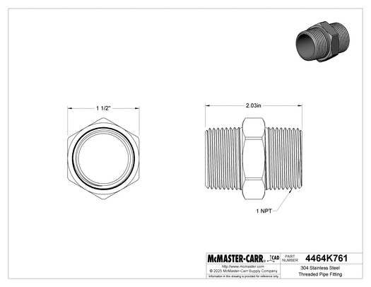 McMaster 4464K761 304 Stainless Steel Threaded Pipe Fitting Low Pressure, Straight Connector, 1 NPT Male