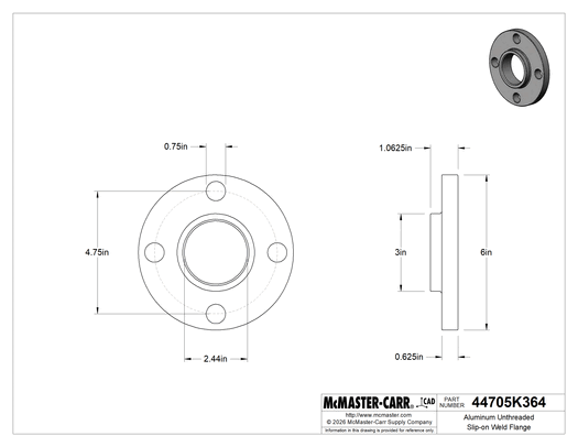 McMaster 44705K364 Aluminum Unthreaded Slip-on Weld Flange 2 Pipe Size