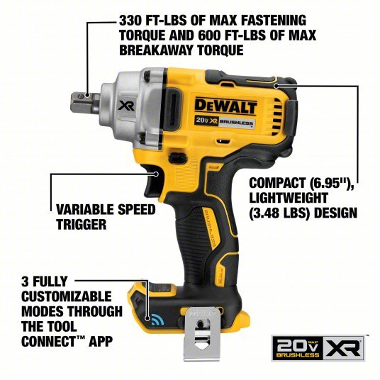 DeWalt DCF896B Impact Wrench 1/2 in Square Drive Size, 330 ft - lb Fastening Torque, 600 ft - lb Breakaway Torque - KVM Tools Inc.KV453U24