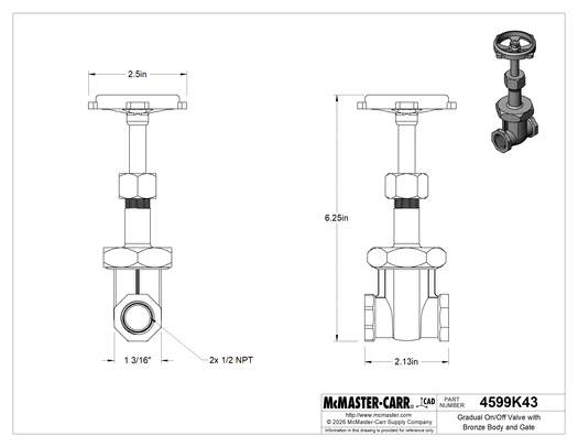 McMaster 4599K43 Gradual On/Off Valve, Bronze Body & Gate, Easy-Maintenance, Wheel Handle Rising Stem, 1/2 NPT Female, Class 150, MSS-SP-80