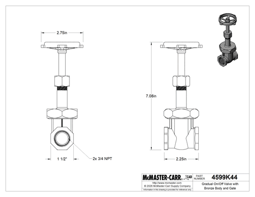 McMaster 4599K44 Gradual On/Off Valve, Bronze Body & Gate, Easy-Maintenance, Wheel Handle Rising Stem, 3/4 NPT Female, Class 150, MSS-SP-80
