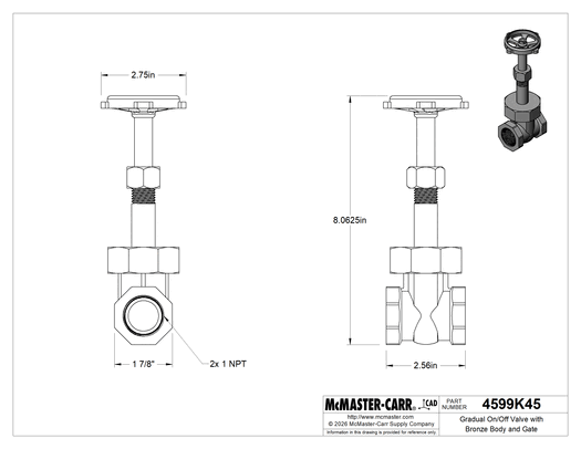 McMaster 4599K45 Gradual On/Off Valve, Bronze Body & Gate, Easy-Maintenance, Wheel Handle Rising Stem, 1 NPT Female, Class 150, MSS-SP-80
