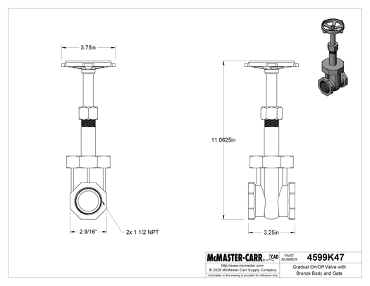 McMaster 4599K47 Gradual On/Off Valve, Bronze Body & Gate, Easy-Maintenance, Wheel Handle Rising Stem, 1-1/2 NPT Female, Class 150, MSS-SP-80