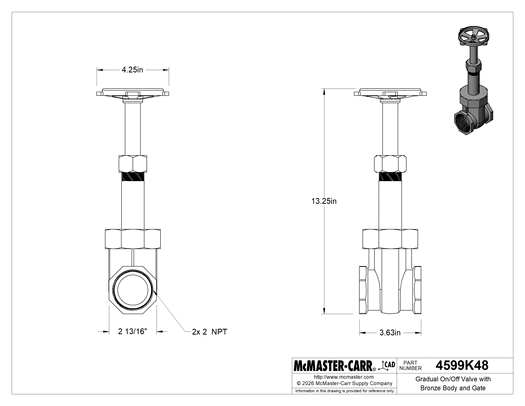 McMaster 4599K48 Gradual On/Off Valve, Bronze Body & Gate, Easy-Maintenance, Wheel Handle Rising Stem, 2 NPT Female, Class 150, MSS-SP-80