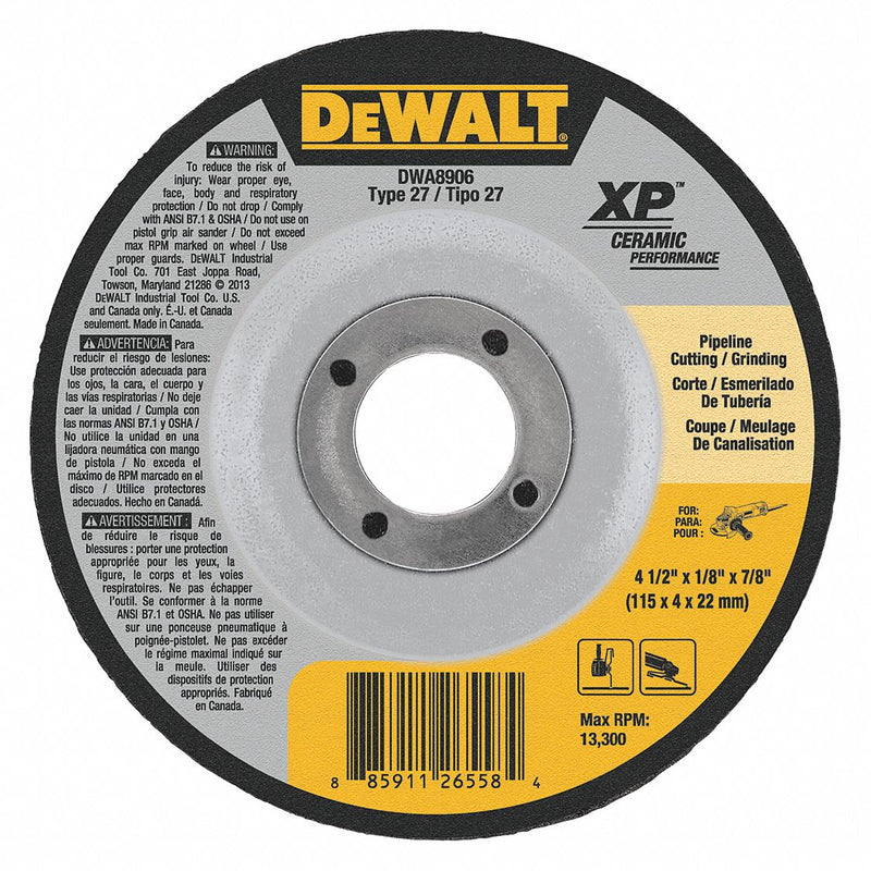 DEWALT DWA8906 Cut-Off & Grinding Wheel, Type 27, 4 1/2" x 1/8" x 7/8", Ceramic, 24 Grit, SG24N