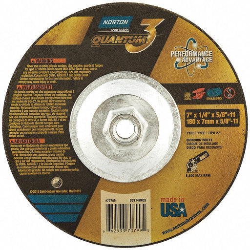 Norton 66253370799 Depressed Center Grinding Wheel, Type 27, 7" x 1/4" x 5/8"-11, Ceramic, 20 Grit, Quantum 3 SG