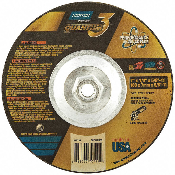 Norton 66253370799 Depressed Center Grinding Wheel, Type 27, 7" x 1/4" x 5/8"-11, Ceramic, 20 Grit, Quantum 3 SG