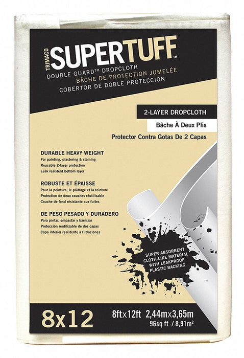 Trimaco 02601 Double Guard Drop Cloth, SuperTuff, Extra Heavy Duty, Paper/Plastic, 47 mil Thick, 8 ft Wd, 12 ft Lg, White