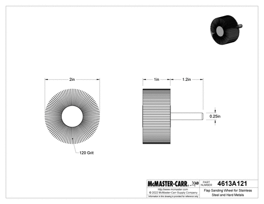 McMaster 4613A121 Flap Sanding Wheel for Stainless Steel and Hard Metals with Shank, 120 Grit, 2" Diameter