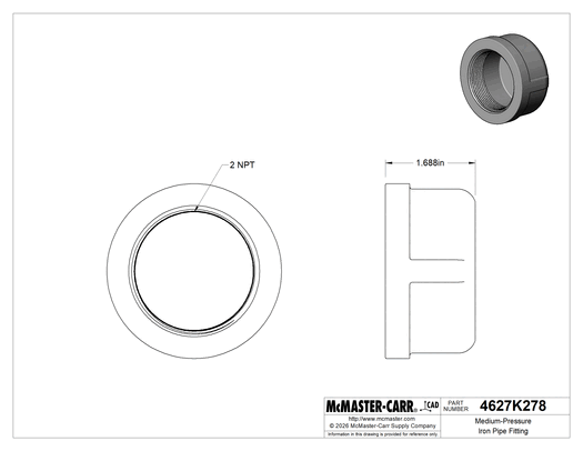 McMaster 4627K278 Medium-Pressure Iron Pipe Fitting, Cap, 2 NPT Female