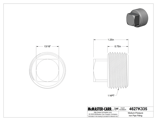 McMaster 4627K335 Medium-Pressure Iron Pipe Fitting, Plug with External Square Drive, 1 NPT