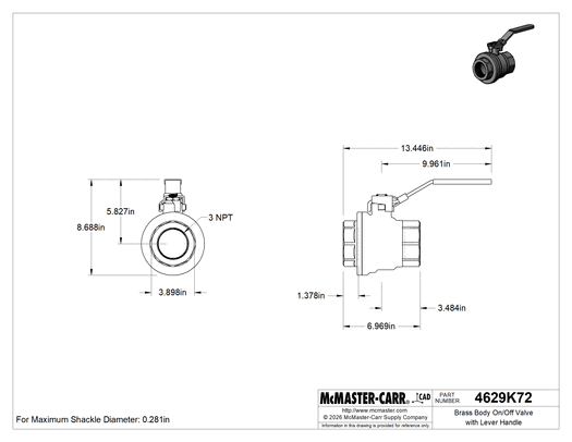 McMaster 4629K72 Brass Body On/Off Valve with Lever Handle, Lockable, 3 NPT Female, 450 psi