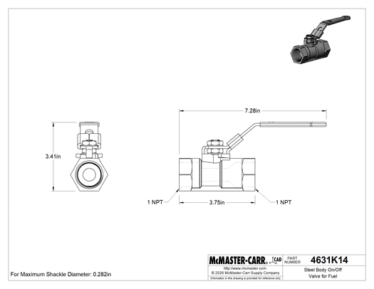 McMaster 4631K14 Steel Body On/Off Valve for Fuel, Graphite Seal, 1 NPT Female, 1000 PSI @ 200 Degree F Maximum