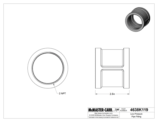 McMaster 4638K119 Low-Pressure Pipe Fitting, Galvanized Iron, Straight Connector, 2 NPT Female