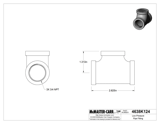 McMaster 4638K124 Low-Pressure Pipe Fitting, Galvanized Iron Tee Connector, 3/4 NPT Female