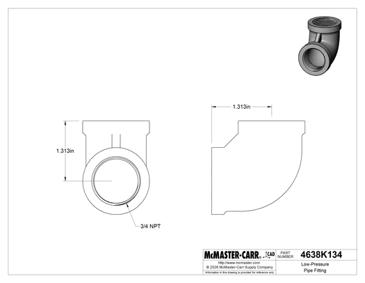 McMaster 4638K134 Low-Pressure Pipe Fitting, Galvanized Iron, 90 Degree Elbow Connector, 3/4 NPT Female
