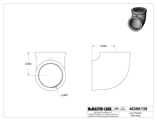 McMaster 4638K138 Low-Pressure Pipe Fitting Galvanized Iron, 90 Degree Elbow Connector, 2 NPT Female