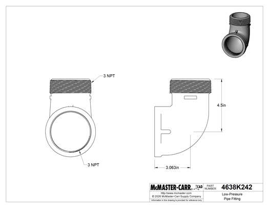 McMaster 4638K242 Low-Pressure Pipe Fitting, Galvanized Iron, 90° Elbow Adapter, 3 NPT Female × Male, Class 150