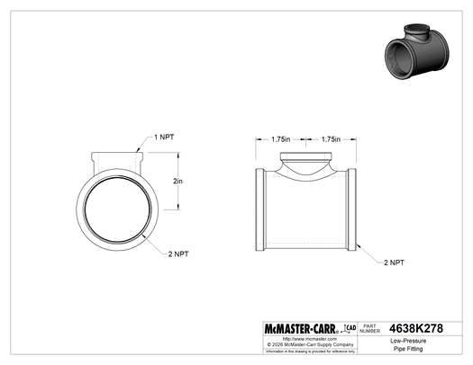 McMaster 4638K278 Low-Pressure Pipe Fitting, Galvanized Iron, Inline Tee Reducer, 2 x 1 NPT Female