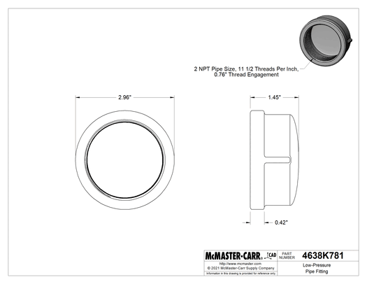 McMaster 4638K781 Low-Pressure Pipe Fitting, Galvanized Iron, Cap, 2 NPT Female, Class 150