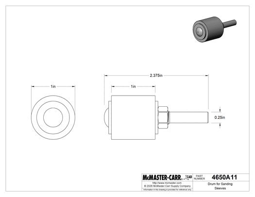 McMaster 4650A11 Drum for Sanding Sleeves, 1/4" Diameter Shank, 1" Diameter, 1" Long