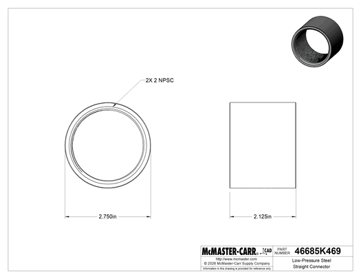 McMaster 46685K469 Low-Pressure Steel Straight Connector, Galvanized, Threaded From One End, 2 NPSC Female, Class 150