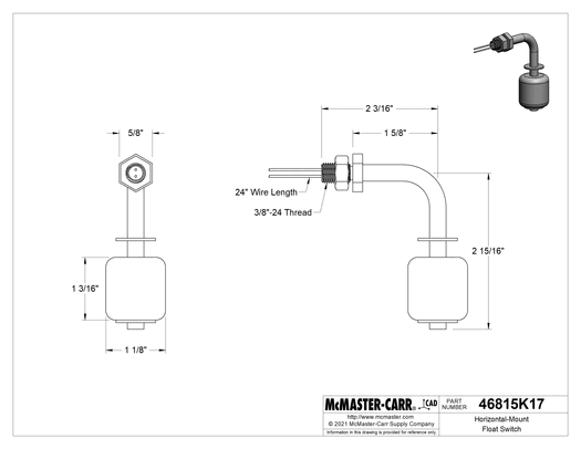 McMaster 46815K17 Horizontal-Mount Float Switch for Food and Beverage, Through-Wall Connection
