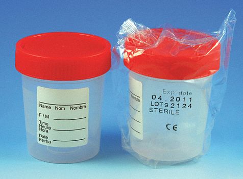 Globe Scientific 5912 Sterile Collection Cup, 4 fl oz, 118 mL, Polypropylene, Wide Mouth, Red Cap, PK100