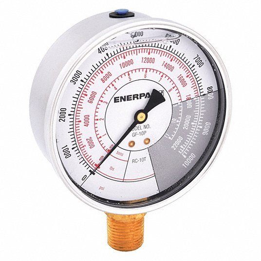 Enerpac GF10P Hydraulic Cylinder Pressure Gauge 0 psi to 10,000 psi, 4 in Dial, 1/2 in NPTF Male, Bottom - KVM Tools Inc.KV46C573