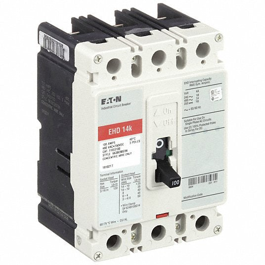 Eaton EHD3100 Molded Case Circuit Breaker 100 A Amps, 18kA at 240V AC, Fixed, ABC, Load Side Lug, Std, EHD