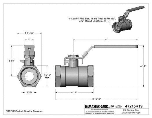 McMaster 47215K19 316 Stainless Steel On/Off Valve for Fuel with Graphite Seal, 1-1/2 NPT Female, 1000 PSI @ 200°F