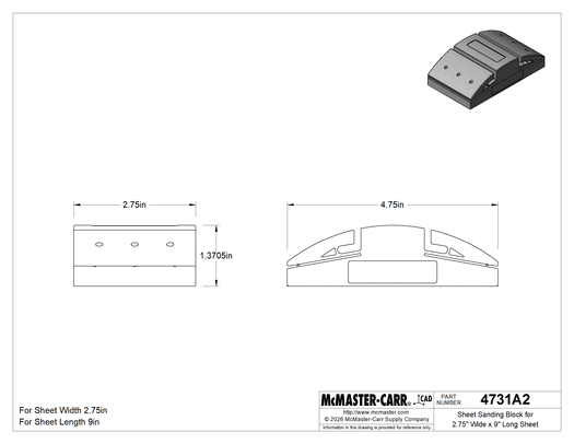 McMaster 4731A2 Sheet Sanding Block, Style A, for 2-3/4" × 9" Sheet, Rubber