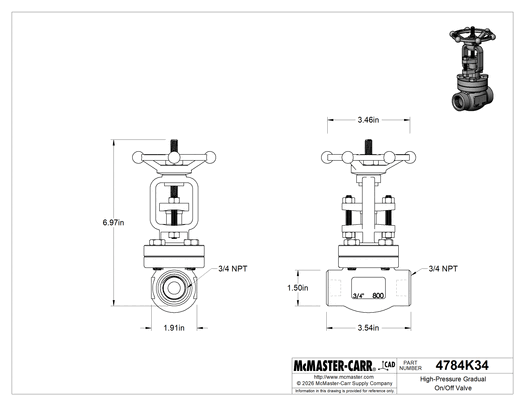 McMaster 4784K34 High-Pressure Gradual On/Off Valve, Pressure Class 800, Steel, Standard Port, 3/4 NPT Female