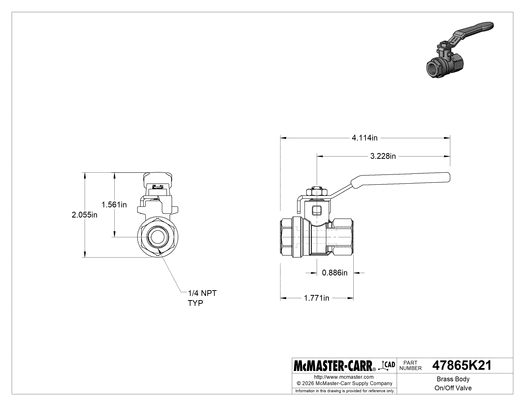 McMaster 47865K21 Brass Body On/Off Valve with Lever Handle, 1/4 NPT Female, 4.5 Cv, 600 psi, FM Approved
