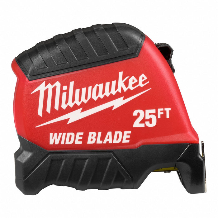 Milwaukee 48-22-1225 Wide Blade Tape Measure, Nonmagnetic Single Hook Tip, 25 ft, Plastic, Black/Red