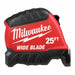 Milwaukee 48-22-1225 Wide Blade Tape Measure, Nonmagnetic Single Hook Tip, 25 ft, Plastic, Black/Red